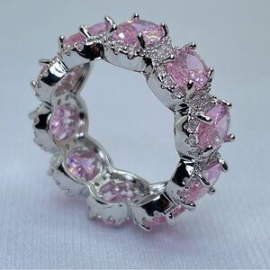 Pink Diamond CZ Stimulant Eternity Band Silver Halo Oval Ring Statement Stacking